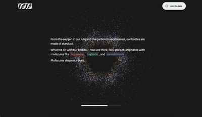 A screenshot of the Matter website featuring a hexagon-shaped particle simulation scrimmed behind some text about neurotransmitters.