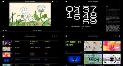 A four-up composite of different layouts from the Countdowns website, showing a long-scroll, narrative style, a dense grid view, and a compressed data reference view. The composite also shows an individual Countdown page, including some metadata about the motion designer and the text of an interview with them.