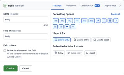 The user interface for creating a new RichText field in Contentful. The options for linking to another entry or asset, and embedding other content types are disabled.