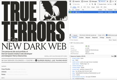 A screenshot of a browser window as described, requesting the homepage of henry.codes and revealing its relevant HTTP headers in the right-side inspector panel.