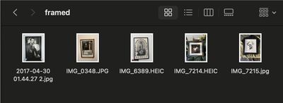 A group of 5 photographs of framed art prints in a Finder window.
