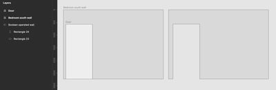 A Figma diagram showing two superimposed rectangles, meant to indicate the size of the wall, and the position of a door on the wall. Next to the diagram is the same shape, re-created as one shape using Figma boolean composite operations.