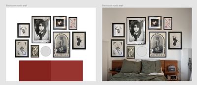 Two Figma comps of the same gallery wall design. In the first, the background is a plain white field. In the second, the author has included a real life photograph of the wall the frames will be hung on.