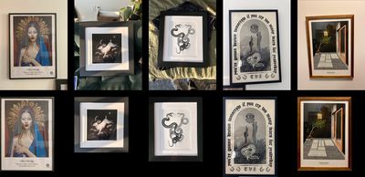A set of five photographs of framed images first before any image treatment, and then again cropped and perspective-corrected.